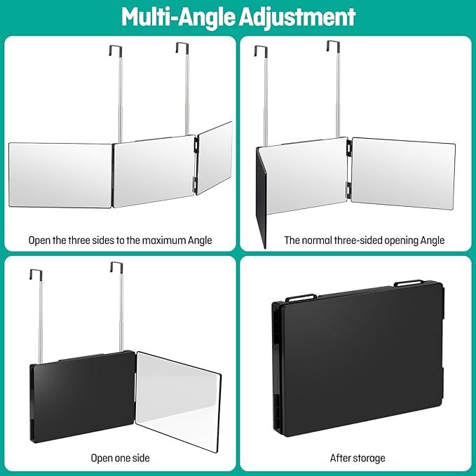 3 Way Mirror for Men & Women - Trifold Self Haircut Mirror, 360° View with Height Adjustable Hooks, Anti-Fog HD Glass for Shaving, Makeup, Braiding, Dye Hair, Travel Friendly Grooming Tool