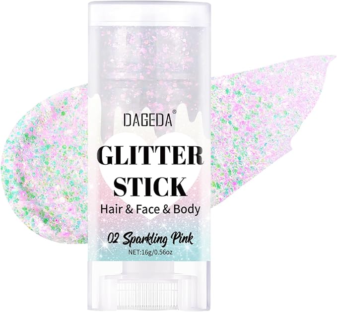 DAGEDA Sparkling Pink Body Glitter Stick,Sparkly Face Glitter Makeup,Holographic Hair Glitters Mermaid Makeup Rave Outfits for Women, Shimmer Face Paint Stick Singer Concert Accessories