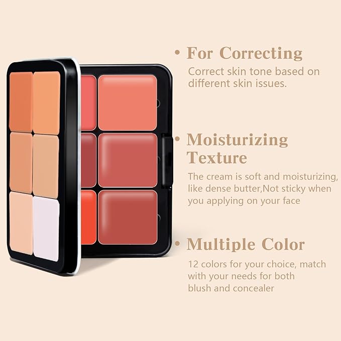 12 Colors Cream Blush Palette, Color Correcting Concealer