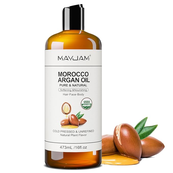 MAYJAM Organic Moroccan Argan Oil 16 Fl Oz, USDA Certified 100% Pure & Natural Carrier Oil For Dry, Damaged Skin, Hair, Face, Body & Scalp Moisturing, Massage Oils for Essential Oils Mixing (473ml)