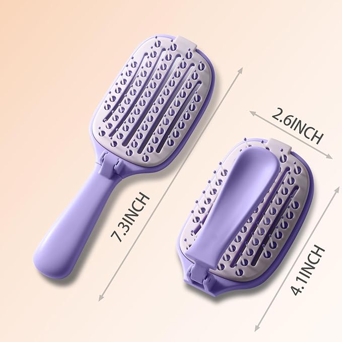 Travel Foldable Hair Brush,Self-cleaning Portable Pocket Hair Brush for Thin Thick Hair, Vented Speed Dry HairBrush for Men Women Kids Thick Thin Curly Straight Wet Dry Hair(Purple)