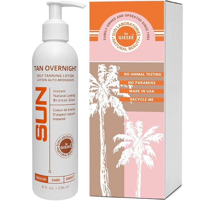 Tan Overnight Sunless Tanning Lotion 8 oz - Self Tanner, Self Tanning Lotion, Face Tanner - Natural, Long Lasting, Instant Dark Bronzer, Gradual Tan for Sun-Kissed Glow
