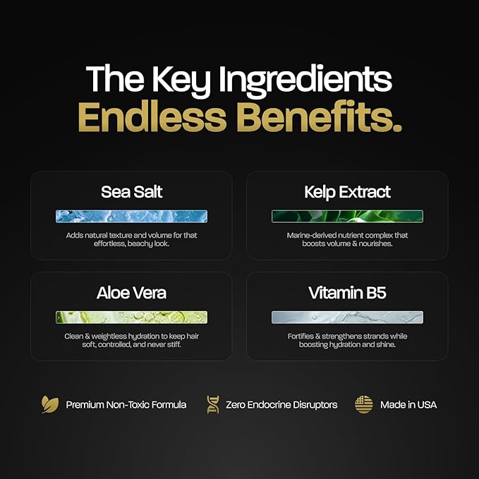 BASED Sea Salt Spray, Natural Finish Sea Salt Spray for Hair, Volumizes & Texturizes, Infused with Kelp & Vitamin B5, Light & Non-Greasy, Paraben, Sulfate, Phthalate Free, 6.8 oz (Pack of 3)