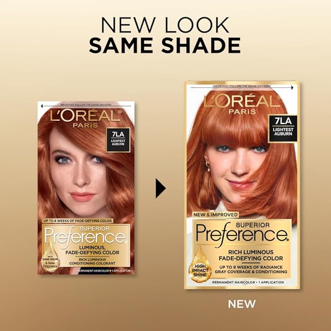 L'Oreal Paris Superior Preference Luminous Fade-Defying Permanent Hair Color, Hair Dye For Up to 9 Weeks of Radiance, Lightest Auburn 7LA, 1 Hair Dye Kit
