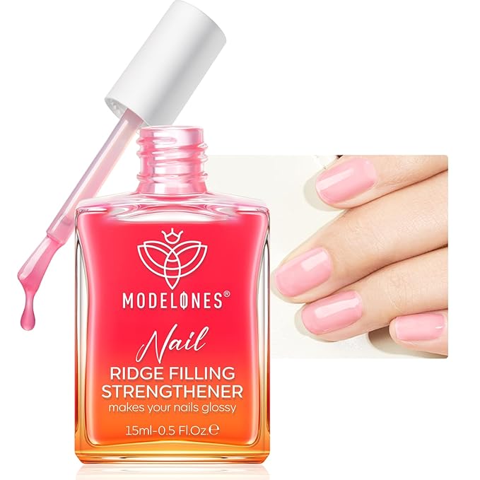 modelones Nail Strengthener Sheer Pink Nail Polish Nail Hardener Extra Strong and Growth Natural Nail Ridge Filler Nail Strengthener for Damaged Nails Repair Gifts for Women 15ml