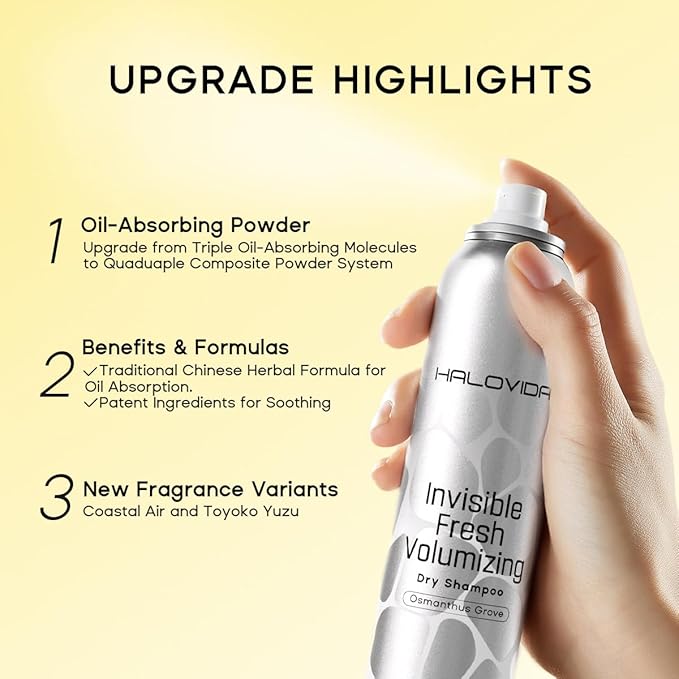 HALOVIDA Dry Shampoo Pack of 3, Dry Scalp Shampoo Spray for Dark Hair Leaves No White Residue, Absorb Oils, Volumizing & Refresh Hair for 72 Hours, 5.07 Fl Oz (Osmanthus Grove+Toyoko Yuzu+Coastal Air)