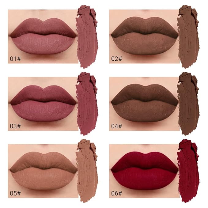 evpct 6Pcs Dark Light Nude Brown Matte Matt Liquid Lipstick Lip Gloss Glossy Set for Black Women, 24 Hour Brown Mauve Red Maroon Silky Velvet Lipstick Lip Liner set labiales matte larga duracion 24