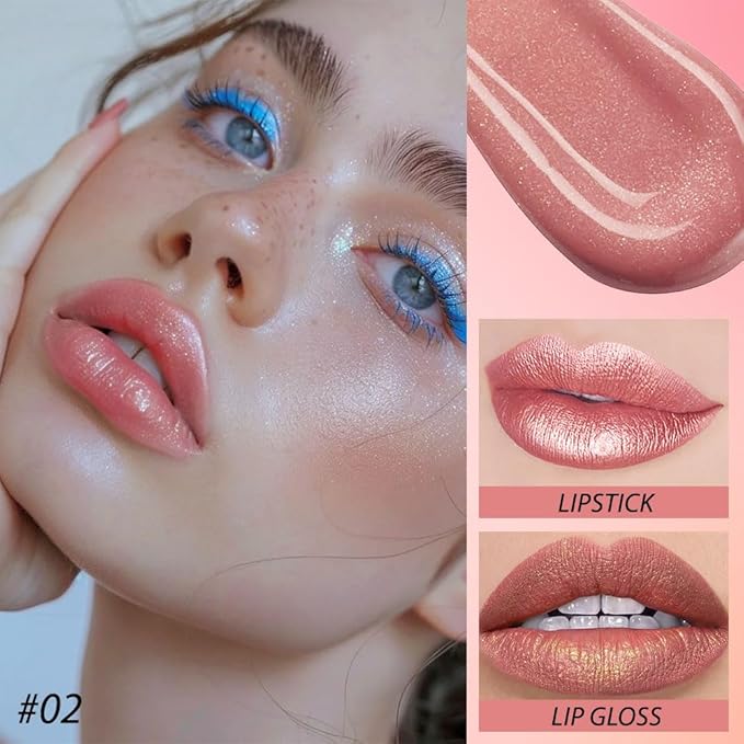 evpct 2 in 1 Rose Nude Glitter Metallic Shimmer Diamond Lipstick and Lip Gloss Set for Women Long Lasting Waterproof, Bright Rose Pink Sparkle Glitter Shiny Lipstick and Lip Liner Makeup Set, 02#