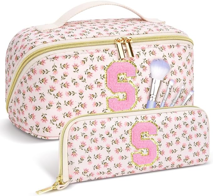 Personalized Travel Makeup Bag Set,Initial Travel Cute Floral Makeup Organizer Bag,Toiletry Skincare Cosmetic Bag,Valentine’s Day Gifts for Women/Girls,Open Flat Toiletry Pouch with Brush Pocket-S