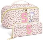 Personalized Travel Makeup Bag Set,Initial Travel Cute Floral Makeup Organizer Bag,Toiletry Skincare Cosmetic Bag,Valentine’s Day Gifts for Women/Girls,Open Flat Toiletry Pouch with Brush Pocket-S