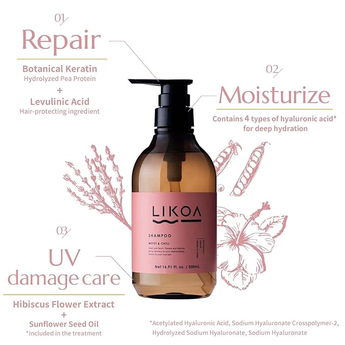LIKOA, Moist and Chill Hydrating Shampoo and Treatment Set, for Damaged and Frizzy Hair, Botanical Hair Care, Oriental Floral Scent, Made in Japan, 16.9/17.64 Fl oz
