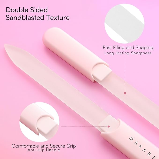 Makartt Nail Files: Glass Nail Files for Natural Nails, Double-Sided Reusable Sandblasted Fingernail Buffers with Case for Shape & Smooth Finish, Portable Manicure Gift Set, 3pcs Pink Green Blue