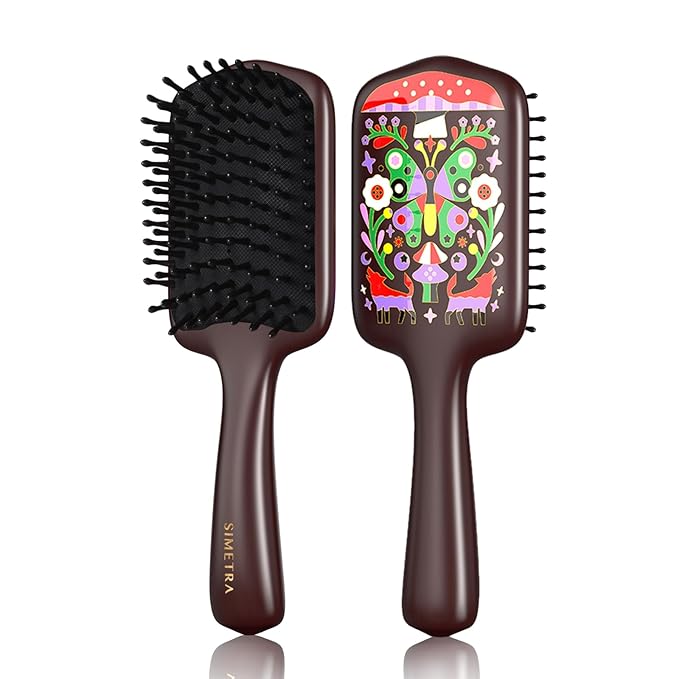 SIMETRA Wooden Paddle Hair Brush Unique Pattern Guinean Ovangkol Hardwood Bristles Hair Brushes for Women Wet Brush Detangling Brush for Scalp Massage for Men Kids for All Hair Types (Butterfly)