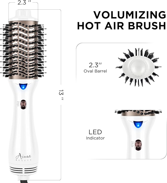 Aima Beauty Blow Dryer Brush - Ionic Ceramic Hot Air Brush for Frizz-Free Straightening & Voluminous Blowout, 2.3‘’/ 60mm Oval Barrel with Nylon Bristles, 360 Surrounded Vent, 3 Heat Settings, White