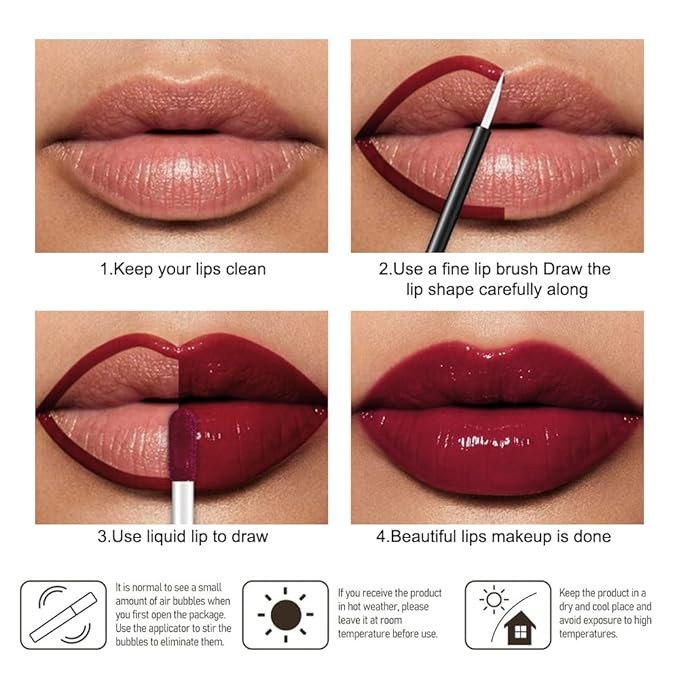 evpct Wine Red Shiny Longwear No-Budge Liquid Lip Color Lipstick Makeup, Highly Pigmented Color Instant Shine, Waterproof Long Lasting Lipstick for Women, Lip Stain Gloss with Lip Liner Brush, 02#