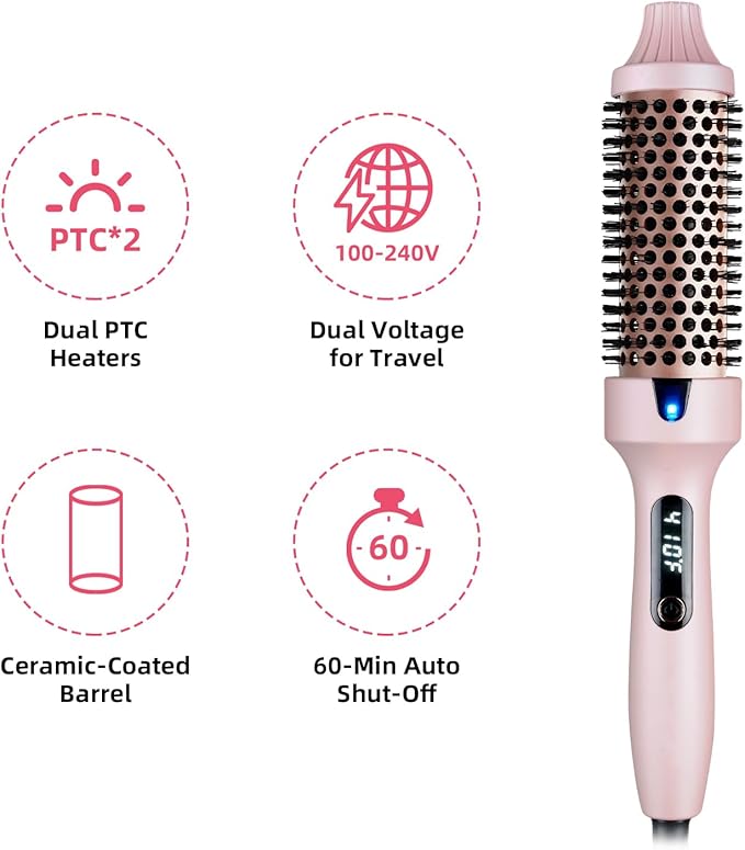 Thermal Brush, 1.5 Inch Heated Round Brush for Women, Dual Voltage Negative Ion Hot Brushes Styler for Blowout Look, Curling & Volumizing & Straightener for Dry Hair