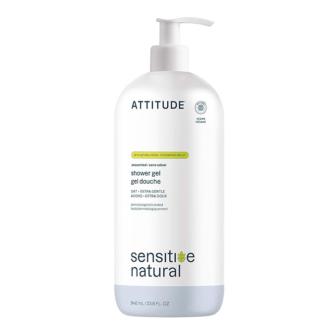 ATTITUDE Body Wash for Sensitive Skin, EWG Verified Shower Gel, Soothing Oat, Dermatologically Tested, Plant and Mineral-Based, Vegan Personal Care, Unscented, 32 Fl Oz