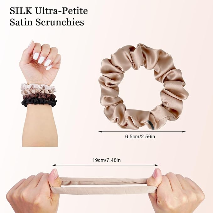 Ultra-Petite Satin Scrunchies for Women – 8PCS Neutral Hair Ties (Black, Blonde, Dark Brown, Light Brown) – Softer Than Silk, No Crease, Frizz-Free, Gentle Elastic Bands for Day & Night, Perfect Gifts