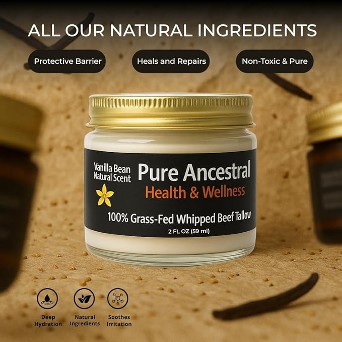 Pure Ancestral Health & Wellness 100% Grass Fed Beef Tallow for Skin Care - Face + Body - Whipped Moisturizer for Sensitive Skin - Natural Lotion | Travel Size 2 Oz. (Vanilla Scented)