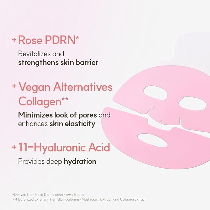 The Face Shop Rose PDRN Pink Collagen Face Mask, Korean Glass Skin Essential, Hyaluronic Acid for Moisturizing & Skin Elasticity, Firming, 4EA