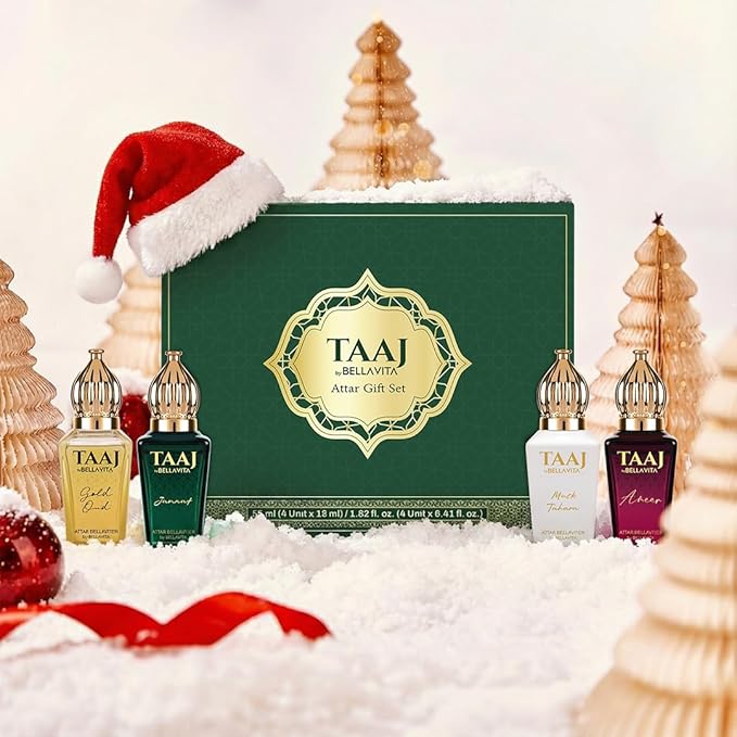 BELLAVITA Luxury Taaj Attar | Long Lasting Unisex Gift Set for Man and Woman 4x12ml | Caramel, Lemon, Cinnamon, and Musk | Non-Alcoholic Roll On | Oud, Floral, Musk | Attar for Men and Women