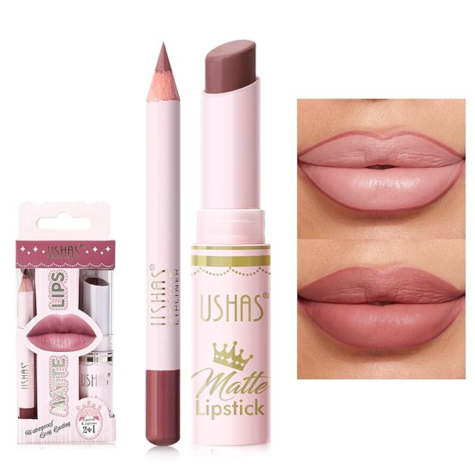 USHAS 2 in 1 Waterproof Lipstick and Lip Liner Set - Long Lasting Matte Lipstick Pen with Lip Liner - Makeup Kit (S8, Pack of 1)