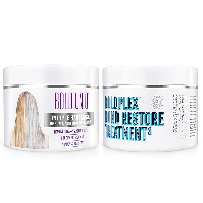 BOLD UNIQ Purple Hair Mask For Blonde, Platinum, Bleached, Silver, Gray, Ash & Brassy Hair & BoldPlex 3 Bond Restore Treatment - Remove Yellow Tones & Condition Dry, Damaged Hair, Cruelty Free & Vegan
