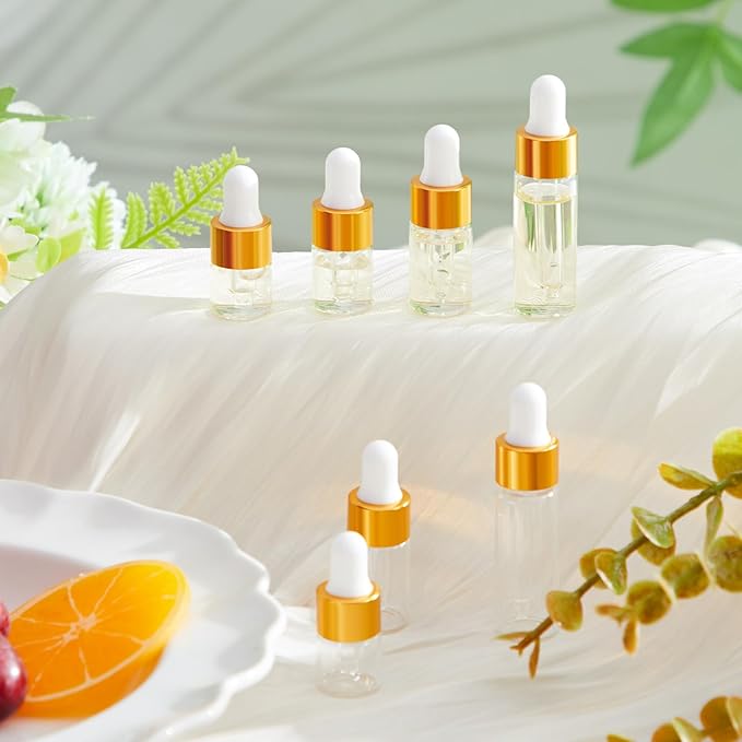 20 Pcs Mini Glass Oil Dropper Bottle Bulk, Clear Essential Small Empty Bottles Sample Containers Perfume Liquid Vials with Cap for Traveling (1ml,2ml,3ml,5ml,Gold)