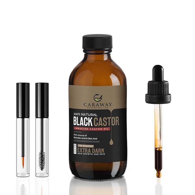 CARAWAY Jamaican Black Castor Oil for Hair Growth, Eyelashes & Eyebrows | Organic, Cold-Pressed & Unrefined | Deep Moisturizing Oil for Skin, Face & Scalp | Glass Bottle + Mascara Kit – 4 oz / 118 ml