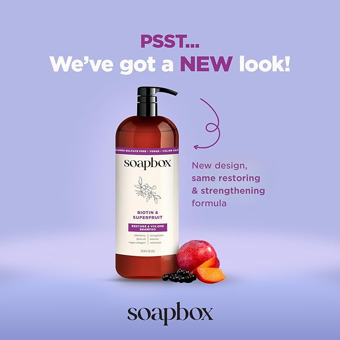 Soapbox Biotin & Superfruit Shampoo & Conditioner Set with Vegan Collagen, Aloe and Shea Butter, Harsh Sulfate Free, Paraben & Silicone Free, 1 Liter Each (Pack of 2)