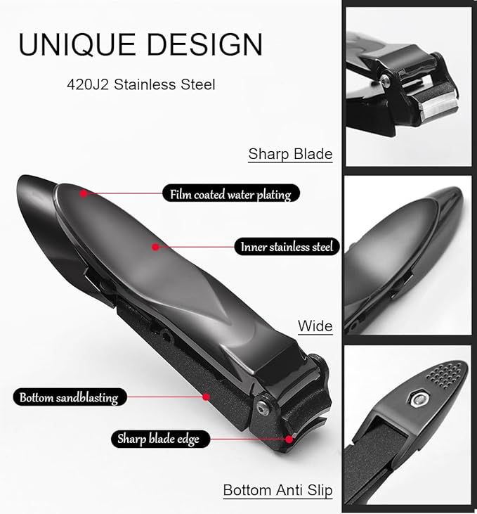 Nail Clippers for Men with Catcher, Heavy Duty Razor-Sharp Self-Collecting Nail Cutter, Ergonomic Lever for Fingernails & Toenails, Ideal Gift for Men & Grooming Gifts (Black)