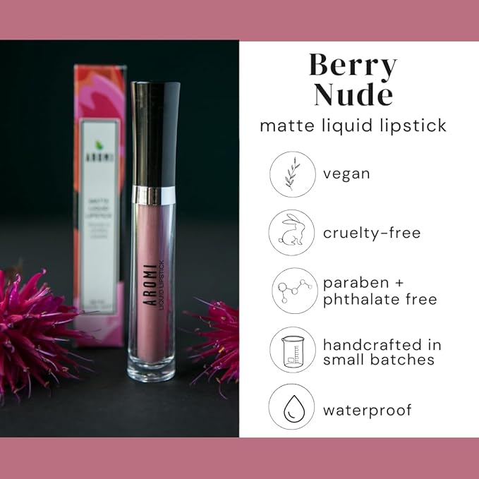 Aromi Matte Liquid Lipstick | Long-Lasting, Dusty Rose Lip Color for Women, Rosy Nude Shade, Vegan, Waterproof, Long Wear (Berry Nude)