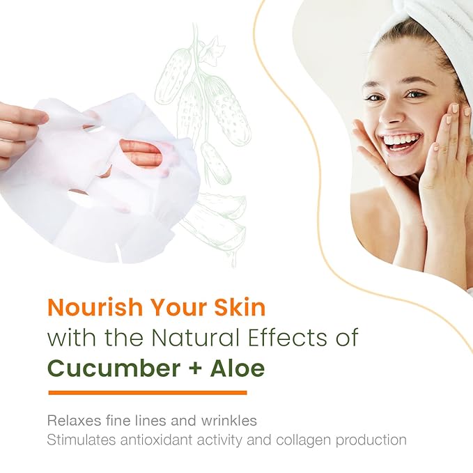 Cucumber & Aloe Sheet Face Mask - Calms & Moisturizes, Reduces Puffiness, Hydrates, Soothes, Dermatologist Tested, Cruelty Free Korean Skin Care For All Skin Types - 5 Masks