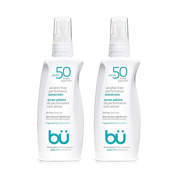 BU SPF 50 Sunscreen Spray for Face and Body, Fragrance Free, Clear Non Aeorsol, Non Greasy and Water Resistant (2-pack)