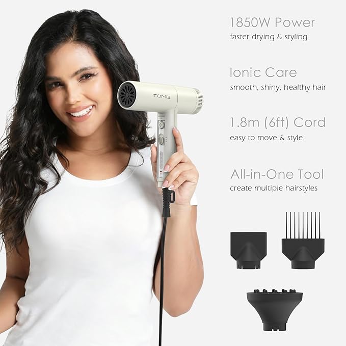 TOME 1875W Hair Dryer High Speed Motor Brushless 110000 RPM Blow Dryer Negative Ionic Cool Shot Lock with Diffuser Comb Nozzle Light Weight