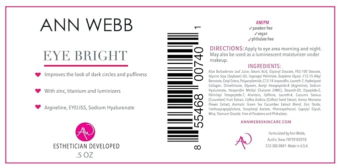 Eye Bright Cream - Anti Aging Eye Cream w/Collagen Peptides & Hyaluronic Acid for Dark Circles, Firms Fine Lines.5oz