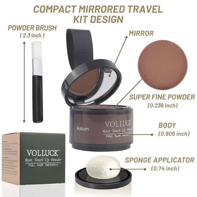 VOLLUCK Root Touch up Powder, Instant Hairline Powder for Thinning Areas and Gray Hair Coverage, Natural and Non-greasy Root Cover up for Women and Men (Auburn, 0.14 Ounce)