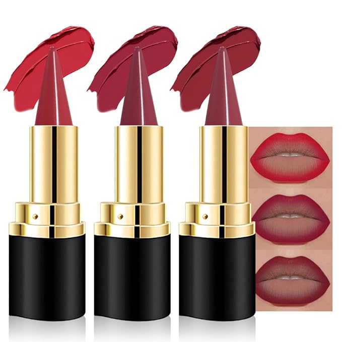 evpct 3Pcs Ruby Dark Wine Red Gradient Matte Lipstick Lip Liner Crayon Combo Pencil Set for Women Long Lasting Waterproof, Cream Lip Liner and Lipstick Combo Makeup，Flawless Gradual Ombre Effect