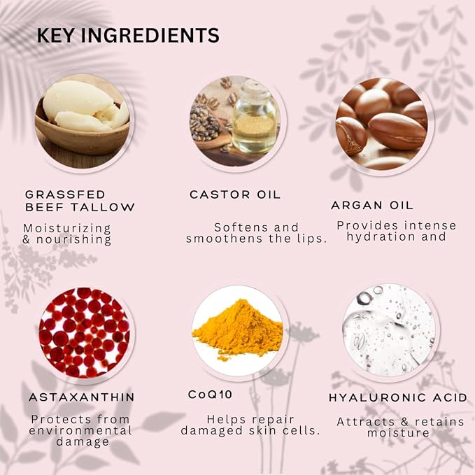 Natural Lip Balm - 100% Grass-fed Beef Tallow, Argan Oil, CoQ10, Astaxanthin, Hyaluronic Acid - Moisturizing, Organic - Made in USA (Cool Rose)