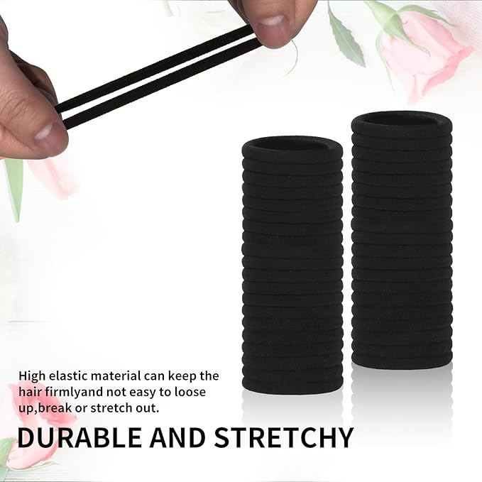 Black Hair Ties, 100 Pack Nylon Elastic Bands for Women, Seamless Damage-Free Ponytail Holders, Thick Hair Accessories. (black)