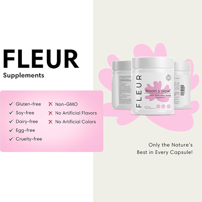 FLEUR Bloom & Glow Hair Skin and Nails Gummies, Hair Growth Supplement with Biotin & Inositol, Antioxidant Rich Vitamin A, C & E for Skin and Nail Repair, Sugar-Free, 60 Vegan Gummies