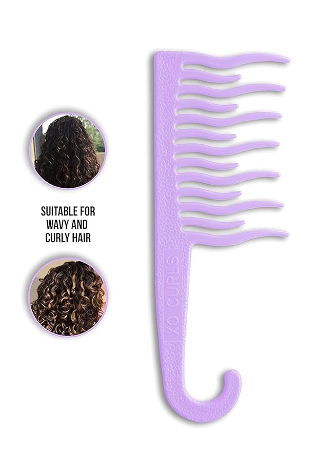 XO Curls Shower detangling hair comb, Wide tooth comb, Comb with hook for easy hanging in shower, Gentle on Scalp, Hair comb for with curly & wavy hair (Lavender)