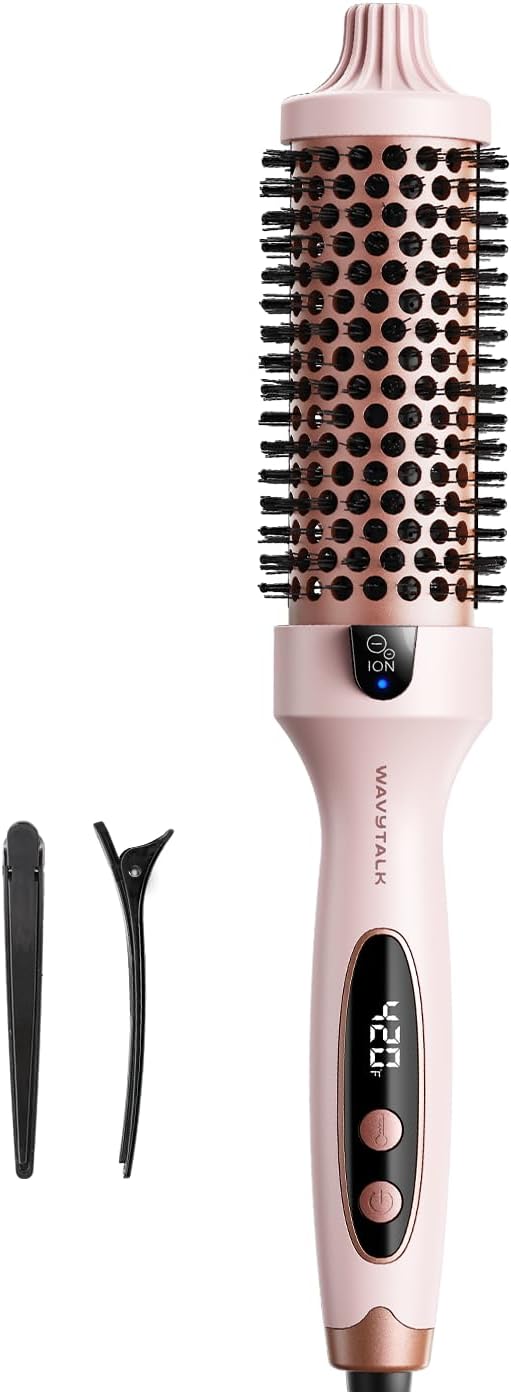 Wavytalk Thermal Brush, Blowout Boost 1.5 inch Heated Round Brush for Blowout Look, Dual Voltage, Pink, Sakura, Tourmaline Ceramic, Negative Ion Technology, 5 Temperature Settings, Less Damage