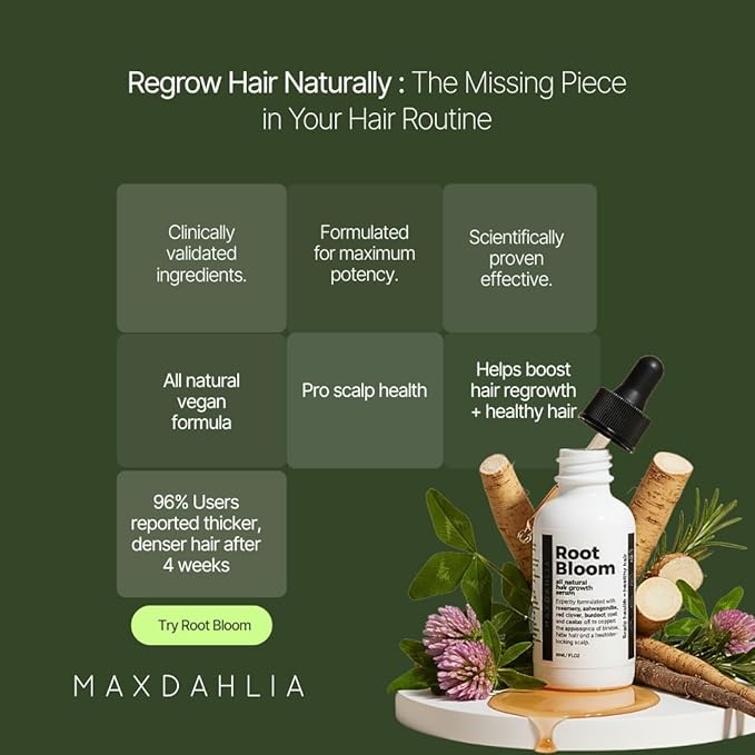 MAXDAHLIA Root Bloom All-Natural Hair Growth Serum with Ashwagandha, Rosemary, Castor Oil, White Willow Bark, Green Coffee Oils for Hair Restoration and Hair Growth
