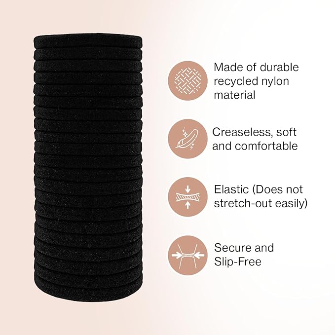 Kitsch Black Hair Ties No Damage - Strong, Stretchy Hair Bands | Soft Nylon Ponytail Holders, Snag-Free Rubber Bands, Perfect for Updos & Braids | Ideal Gifts for Women - Black, 20pcs