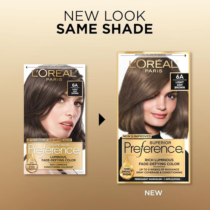 L'Oreal Paris Superior Preference Luminous Fade-Defying Permanent Hair Color, Hair Dye For Up to 9 Weeks of Radiance, Light Ash Brown 6A, 1 Hair Dye Kit