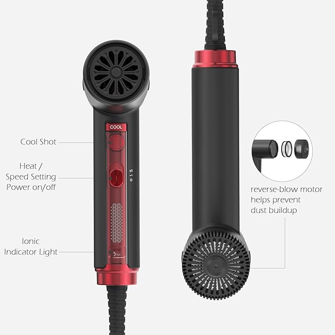 TOME Hair Dryer with Diffuser 1875W High Speed Blow Dryer Ionic 110000 RPM Cool Shot Lock 1 inch Air Curling Wands Nozzle Light Weight Red