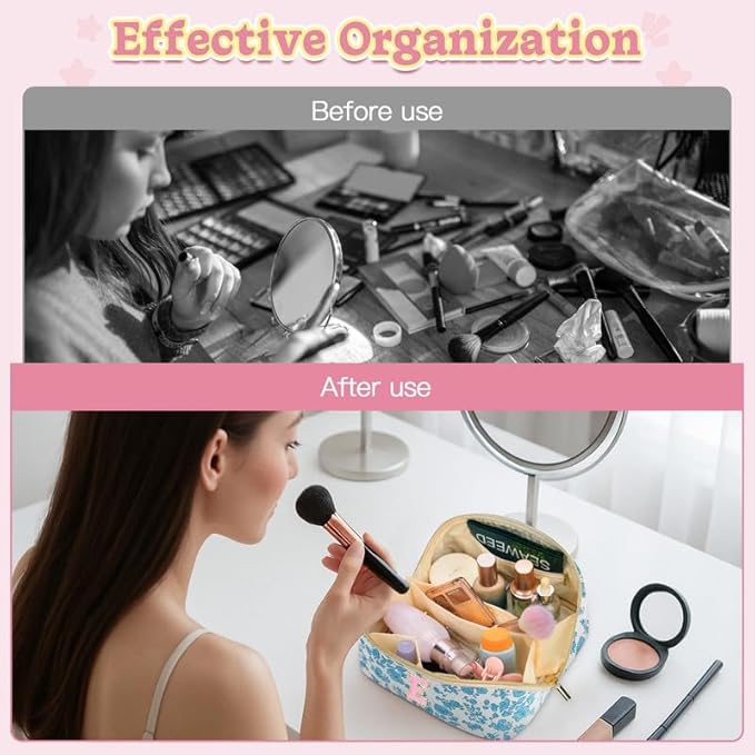 Personalized Travel Makeup Bag Set,Initial Travel Cute Floral Makeup Organizer Bag,Toiletry Skincare Cosmetic Bag, Valentine’s Day Gifts for Women/Girls,Open Flat Toiletry Pouch with Brush Pocket-S