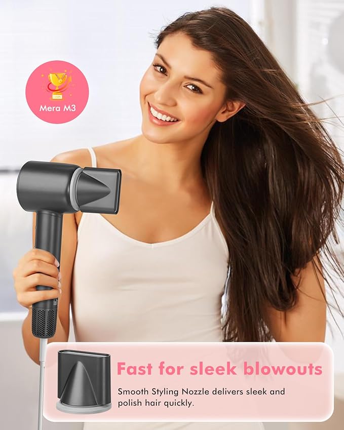 Ionic Hair Dryer - Mera M3, Professional Frizz-Fighting Blow Dryer, 5-Minute Fast Drying, Quiet Lightweight Travel Hairdryer with Snap-On Concentrator for Women