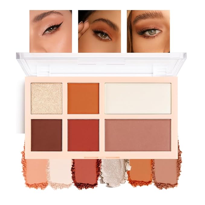 Matte Shimmer Glitter Eyeshadow Palette – 6-Color Warm Red Brown & Champagne Gold Eye Shadow Kit, High Pigment Long-Lasting Neutral Rust Makeup Palette for Daily Wear, Fall Looks & Soft Glam